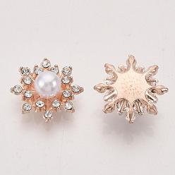 Light Gold Alloy Rhinestone Cabochons, with ABS Plastic Imitation Pearl, Flower, Crystal, Light Gold, 16x8mm