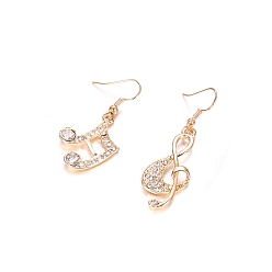 Light Gold Alloy with Glass Dangle Earrings, Musical Note Asymmetrical Earrings, Light Gold, 40x18mm, 45mm