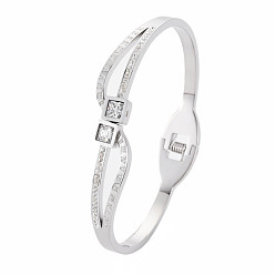 Stainless Steel Color Crystal Rhinestone Wave Bangle with Roman Numeral, Stainless Steel Hinged Bangle with Polymer Clay for Women, Stainless Steel Color, Inner Diameter: 1-7/8x2-1/4 inch(4.7x5.7cm) 
