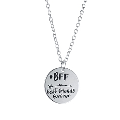 Platinum Alloy Pendant Necklaces, Friendship Necklaces, with Lobster Claw Clasps, Flat Round with Word BFF Best Friends Forever, Platinum, 20.59 incehs(52.3cm)
