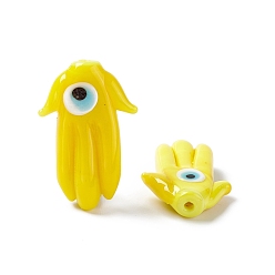 Yellow Handmade Evil Eye Lampwork Beads, Half Drilled, Hamsa Hand/Hand of Miriam, Yellow, 27~27.5x19.5~21x6.5mm, Hole: 1mm