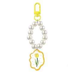 Yellow Alloy Acrylic Pendant Decorations, with Imitation Pearl Acrylic Beads, Flower Patterns, Yellow, 126mm