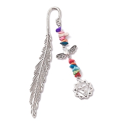 Manipura Tibetan Style Alloy Feather Bookmark, with Synthetic Turquoise Beads, Antique Silver, Manipura, 83x19x2mm