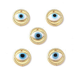 White Handmade Lampwork Evil Eye Pendants, with Real 18K Gold Plated Brass Findings, Lead Free & Cadmium free, Flat Round Charm, White, 14.5x4mm, Hole: 1mm