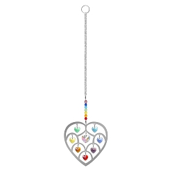 Heart Glass Pendant Decorations, Hanging Suncatchers, with Iron Charm, for Home Garden Decorations, Tree of Life, Platinum, Heart, 270mm