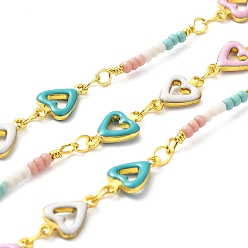 Medium Turquoise Handmade Brass Enamel Heart Link Chains, Glass Beaded Chains, Real 18K Gold Plated, Soldered, with Spool, Cadmium Free & Lead Free, Medium Turquoise, Bead Link: 23~24x3x2mm, Heart: 10.5x7x2mm