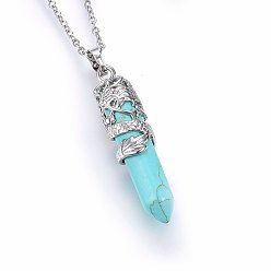 Synthetic Turquoise Synthetic Green Turquoise Pendant Necklaces, with 304 Stainless Steel Cable Chains, Bullet with Dragon, 19.68 inch(50cm), Pendant: 54x11mm