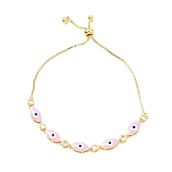 Pearl Pink Clear Cubic Zirconia & Enamel Horse Eye Links Slider Bracelet, Gold Plated Brass Jewelry for Women, Lead Free & Cadmium Free, Pearl Pink, 11 inch(28cm)
