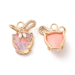 Juicy Peach Brass with K9 Glass Pendants,  Golden Cat with Bowknot Charms, Juicy Peach, 19.5x16x9mm, Hole: 2.5mm