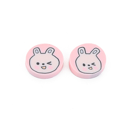 Pink Handmade Polymer Clay Cabochons, Flat Round with Rabbit, Pink, 8.5~9.5x2mm, about 5000pcs/1000g
