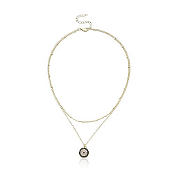 1# Double-layer Circle 14K Full Diamond Round Geometric Pendant Necklace for Women - Fashionable and Minimalist Devil's Eye Jewelry