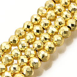 Golden Plated Electroplate Non-magnetic Synthetic Hematite Bead Strands, Round, Faceted, Golden Plated, 4mm, Hole: 1mm, about 98~102pcs/strand, 15.7 inch