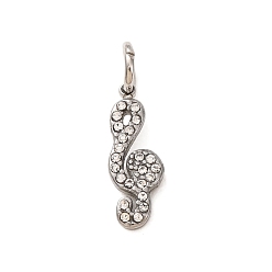 Stainless Steel Color 304 Stainless Steel Rhinestone Pendants, Musical Note Charms, Stainless Steel Color, 17x6.5x2mm, Hole: 4mm