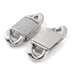 Couleur Acier Inoxydable 304 fermoirs pliables en acier inoxydable, avec micro pavé zircons clairs, rectangle, couleur inox, 37x15.5x6.5mm, Trou: 5.5x6mm