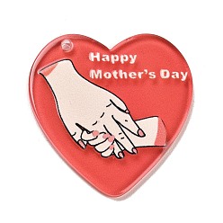 Red Mother's Day Printed Transparent Acrylic Pendants, Heart with Hand, Red, 38x36.5x2.5mm, Hole: 1.8mm