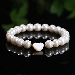 White Natrural Shell Pearl & Heart Stretch Bracelet, White, Inner Diameter: 2-3/8 inch(60mm)