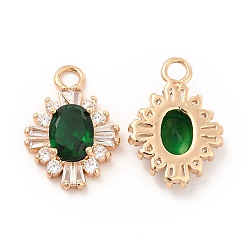 Emerald K9 Glass Pendants, with Light Gold Brass Finding, Oval Flower Charms, Emerald, 18x13x4mm, Hole: 2.2mm