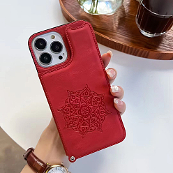 FireBrick PU Leather Mobile Phone Case for Women Girls, Mandala Pattern Camera Protective Covers for iPhone14 Plus, FireBrick, 16.08x7.81x0.78cm