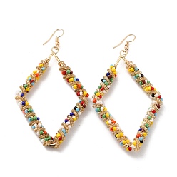 Colorful Big Rhombus Glass Seed Beads Dangle Earrings for Girl Women, Wire Wrap Iron Earrings, Golden, Colorful, 93mm, Pin: 0.8mm