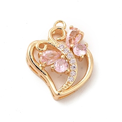 Light Rose Brass with K9 Glass Pendants, Golden Peach Hearts with Butterfly Charms, Light Rose, 18x14.8x5mm, Hole: 1.4mm