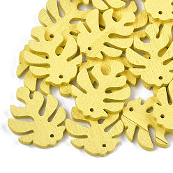 Yellow Painted Poplar Wood Pendants, Tropical Leaf Charms, Monstera Leaf, Yellow, 30x24x2.5~3mm, Hole: 1.5~2mm