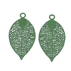 Green 430 Stainless Steel Filigree Pendants, Spray Painted, Etched Metal Embellishments, Leaf, Green, 38x19x0.4mm, Hole: 2.4mm