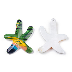 Other Plants Printed Natural Freshwater Shell Pendants, Starfish Charms, Sea Green, Grass Pattern, 38~40x29.5~30.5x4~5mm, Hole: 1.5mm