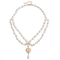 golden circle Double-layered high-gloss imitation pearl tassel heart butterfly cross necklace - versatile.