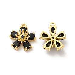 Черный Настоящие 18 k позолоченные латунные подвески с микропаве и кубическим цирконием, со стеклом, долговечный, без кадмия и без свинца, цветочный шарм, чёрные, 17x15x6.5 мм, отверстие : 1.5 мм