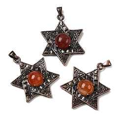 Красный Агат Подвески в виде звезды Давида из натурального сердолика (окрашенного и подвергнутого термической обработке)., с винтажной латунной рамкой красного медного оттенка, 33.5~34x25.5x7.5 мм, отверстие : 5x3 мм