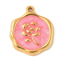 Ярко-Розовый 304 подвески из нержавеющей стали, с эмалью, плоская круглая с подвеской в виде цветка, реальный 18 k позолоченный, ярко-розовый, 18x16x2 мм, отверстие : 1.2 мм