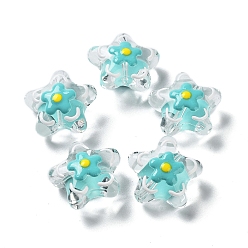 Dark Turquoise Handmade Lampwork Beads, with Enamel, Star with Flower, Dark Turquoise, 20~20.5x21~21.5x11.5~12mm, Hole: 1.6mm