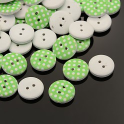 Light Green 2-Hole Flat Round Polka Dot Printed Wooden Sewing Buttons, Dyed, Light Green, 15x4mm, Hole: 1mm