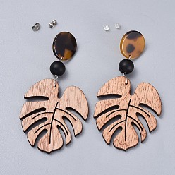 Camel Wooden Dangle Earrings, with Cellulose Acetate(Resin), Synthetic Black Stone Beads, and 304 Stainless Steel Stud Earring Findings, Leaf, Camel, 85~86mm, Pin: 0.7mm