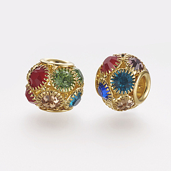 Colorful Brass Beads, with Grade A Rhinestone, Rondelle, Golden, Colorful, 12x10mm, Hole: 4mm