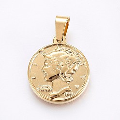 Golden 304 Stainless Steel Pendants, coin, Golden, 21x18x3mm, Hole: 7x4mm