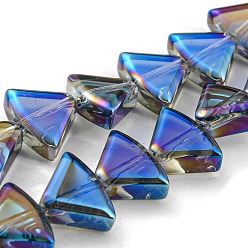 Dodger Blue Half Plated Electroplate Transparent Glass Beads Strands, Fan, Dodger Blue, 8x10.5x4mm, Hole: 1mm, about 80pcs/strand, 25.51 inch(64.8cm)