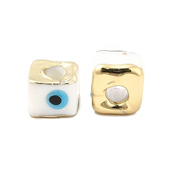 White Brass Enamel Beads, Long-Lasting Plated, Real 18K Gold Plated, Square with Evil Eye Pattern, White, 10~12x10~12x8~9mm, Hole: 4~4.5mm