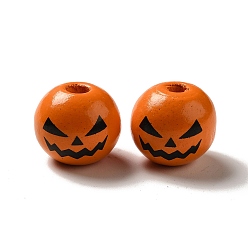 Orange Printed Black Jack O Lantern Round Wood European Beads, Large Hole Halloween Pumpkin Beads, Orange, 16mm, Hole: 4mm