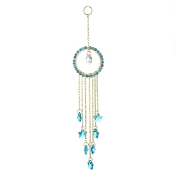 Apatite Glass Star Pendant Decorations, Hanging Suncatchers, with Natural Apatite Bead, for Home Decorations, 221mm