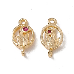 Real 18K Gold Plated Brass Connector Charms, with Cerise Glass, Oval Links with Leaf, Real 18K Gold Plated, 13x6.5x2mm, Hole: 1.2mm