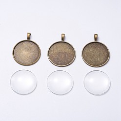 Antique Bronze DIY Pendant Making, Tibetan Style Alloy Pendant Cabochon Settings and Transparent Glass Cabochons, Flat Round, Antique Bronze, Tray: 30mm, 42x33x2mm, Hole: 3.5x5mm, 29.5x7mm