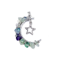 Fluorite Natural Fluoritewith Chips Moon with Alloy Star Pendant Necklaces, with Stainless Steel Chains, 18.90~19.69 inch(48~50cm)