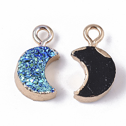 Mixed Color Druzy Resin Pendants, with Edge Light Gold Plated Iron Loops, Moon, AB Color Plated, Mixed Color, 14~15x8x4mm, Hole: 1.8mm