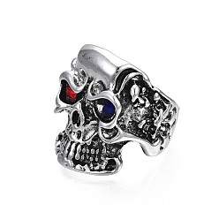 Colorful Gothic Punk Skull Alloy Open Cuff Ring with Rhinestone for Men Women, Cadmium Free & Lead Free, Antique Silver, Colorful, US Size 9 3/4(19.5mm)