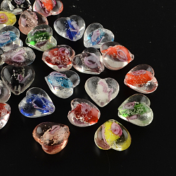 Mixed Color Handmade Luminous Inner Flower Lampwork Beads, Heart, Mixed Color, 15~16x15~16x9~10mm, Hole: 1~2mm