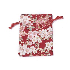 Red Burlap Packing Pouches, Drawstring Bags, Rectangle with Flower Pattern, Red, 14.2~14.7x10~10.3cm