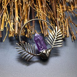 Amethyst Natural Amethyst Metal Big Pendants, Faceted Bullet Charms with Leaf, Antique Bronze, 67x47mm