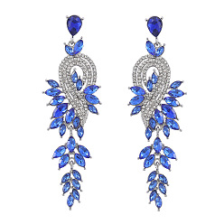 Capri Blue Sparkling Rhinestone Leafy Branch Dangle Stud Earrings, Golden Alloy Long Drop Earrings for Women, Capri Blue, 95x30mm