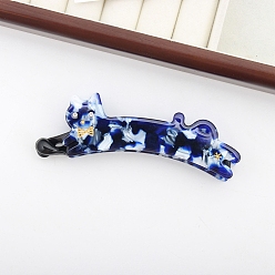 Midnight Blue Cute Cat Cellulose Acetate Banana Hair Clips, with Rhinestone, Hair Accessories for Girls, Midnight Blue, 110x37x18mm